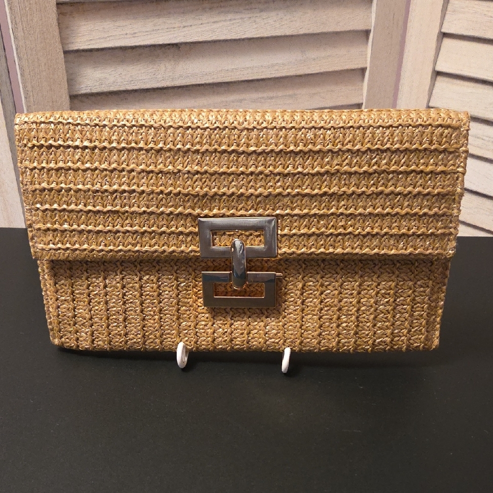 Gold Woven Clutch with Silver Hardware